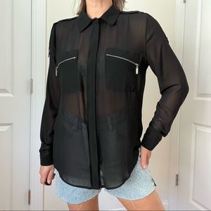 Chiffon Zipper Detail Long Sleeve Blouse